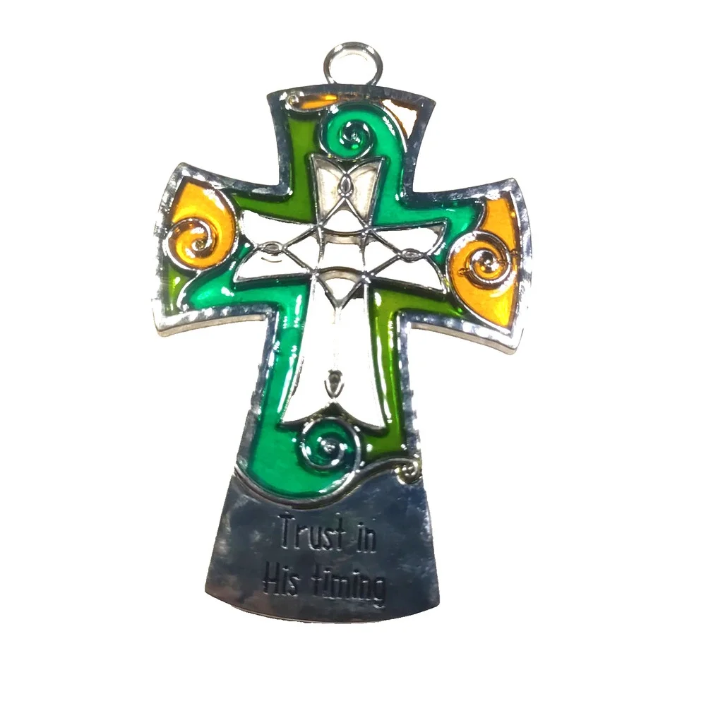 Trust In His Timing Cross Pendant Faux Stain Glass